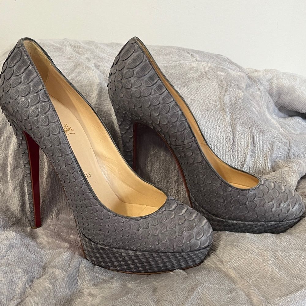 Christian Louboutin Grey Bianca Cork Python Heels Platforms 140 Size 39 (9 US)